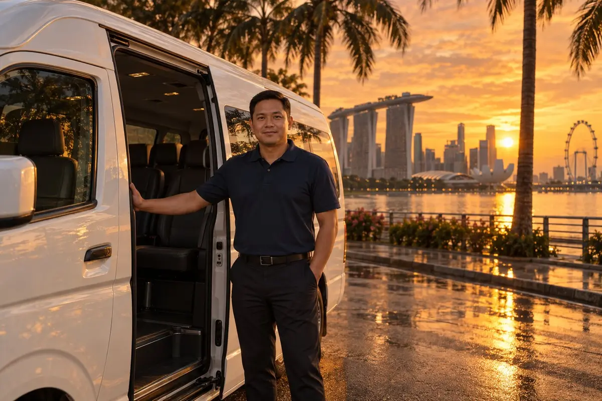 An 7K driver at the open door of a high-roof van on the Marina Bay waterfront
